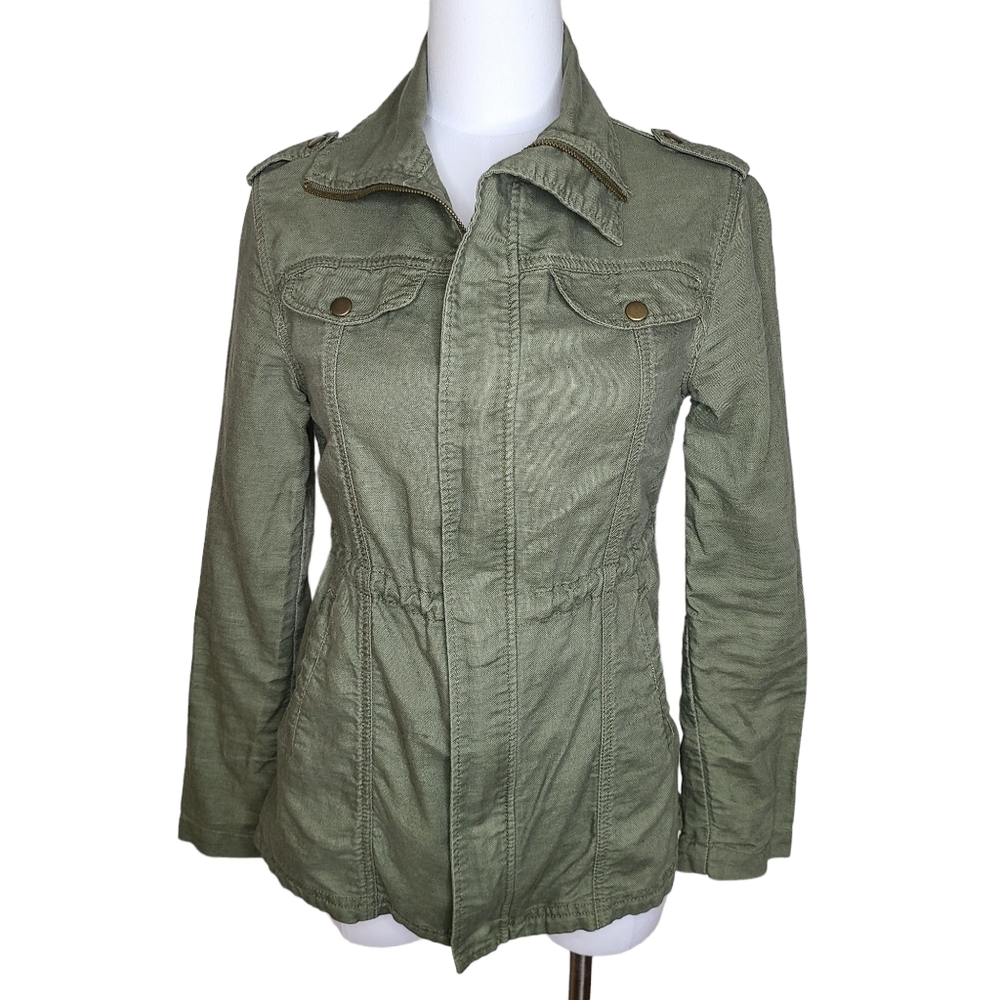 Gianni Bini Linen Blend Olive Green Cargo Utility Jacket XS